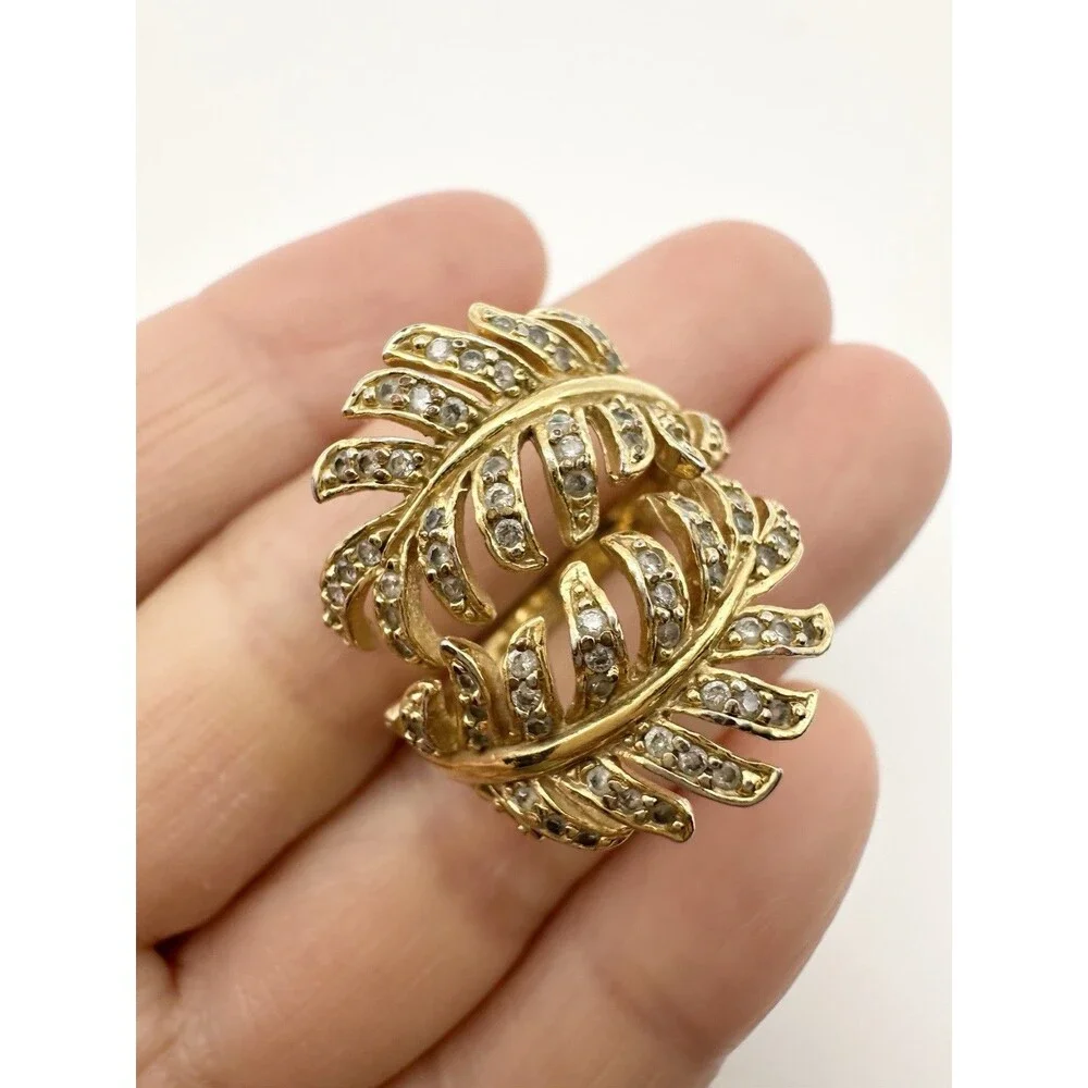Wrap Around Pave Set Feather Ring Gold Plated Size 6.5